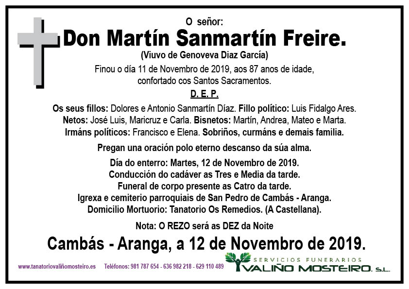 Esquela de Martín Sanmartín Freire.
